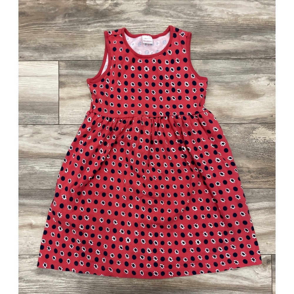 Hanna Andersson Girls Red Navy Floral Polka Dot Cotton Dress Pockets Size 140 10